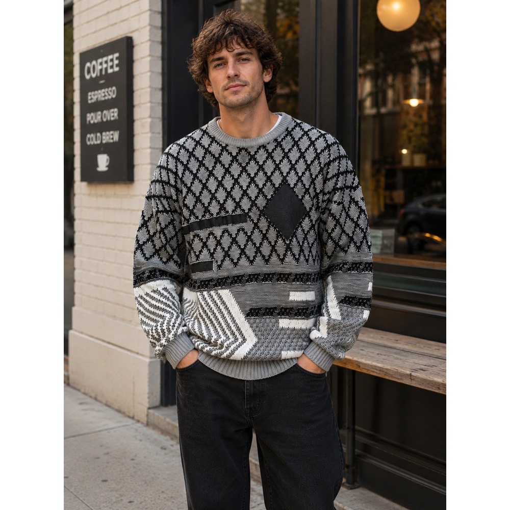 Vtg 90s De Sica XLT Chunky Textured Knit Sweater Gray Black Leather Trim Tall‎